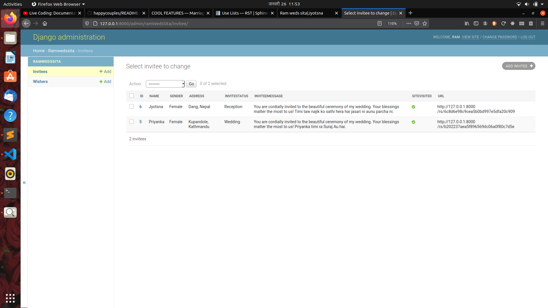 Screenshot showing all the Invitee details