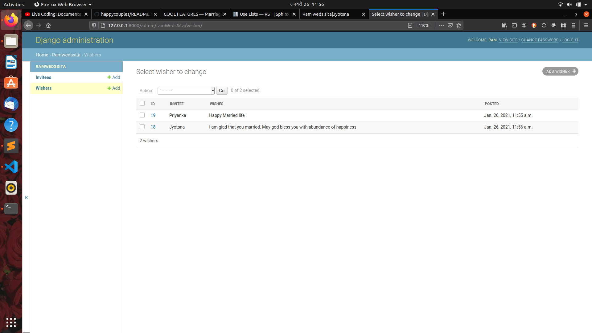 Screenshot showing all the wishes by invitee