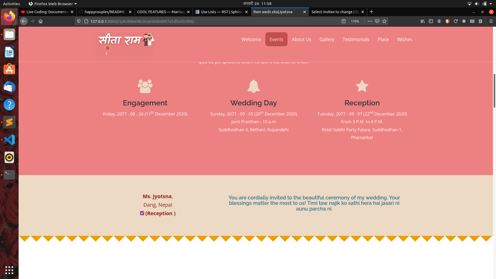 Screenshot showing personal invitation message for guest
